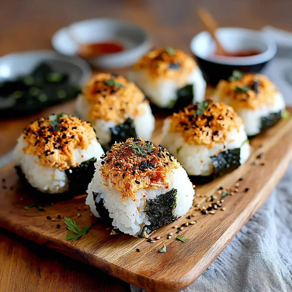 A plate of spicy tuna onigiri.