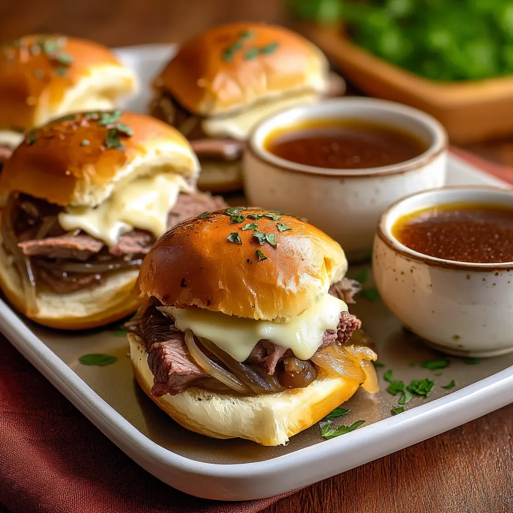 French dip sliders with cheese and onions.