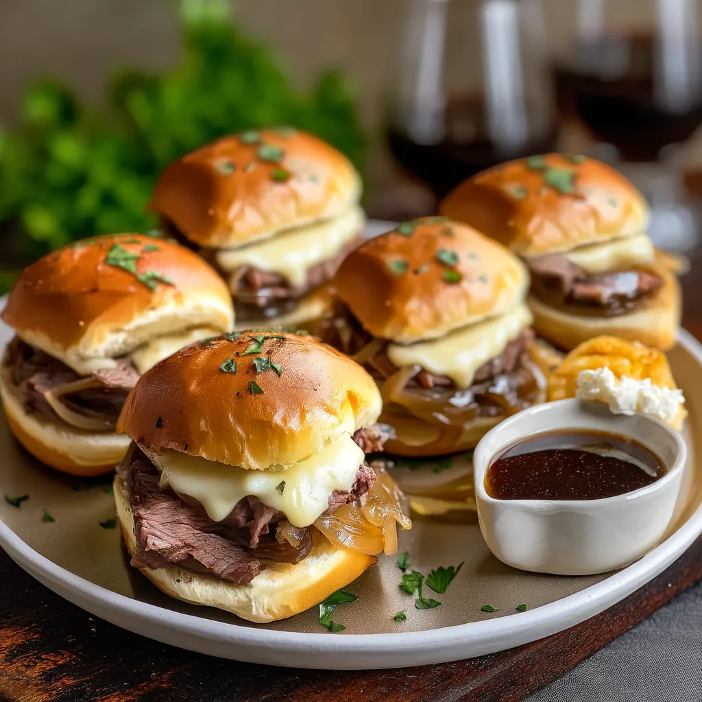 A plate of French dip sliders with sauce.