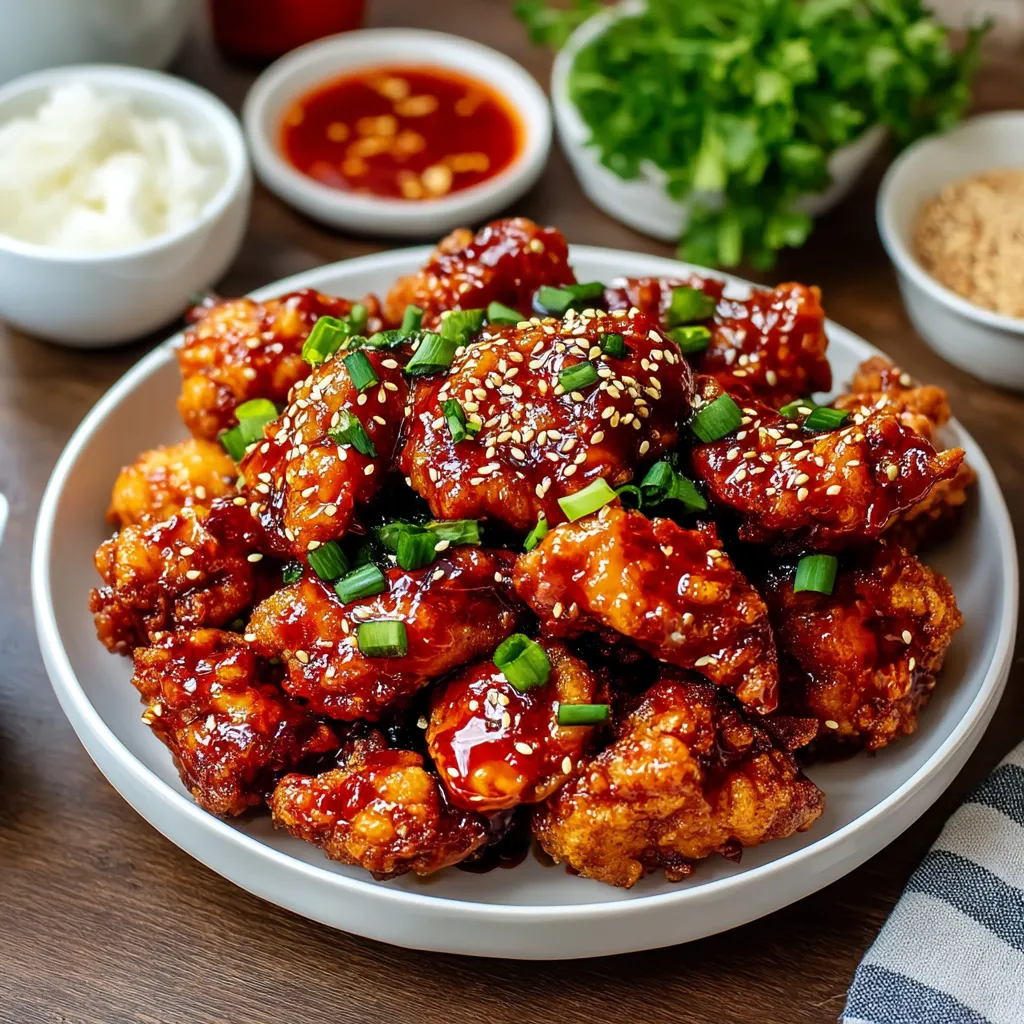 A plate of Korean Fried Chicken with sauce.