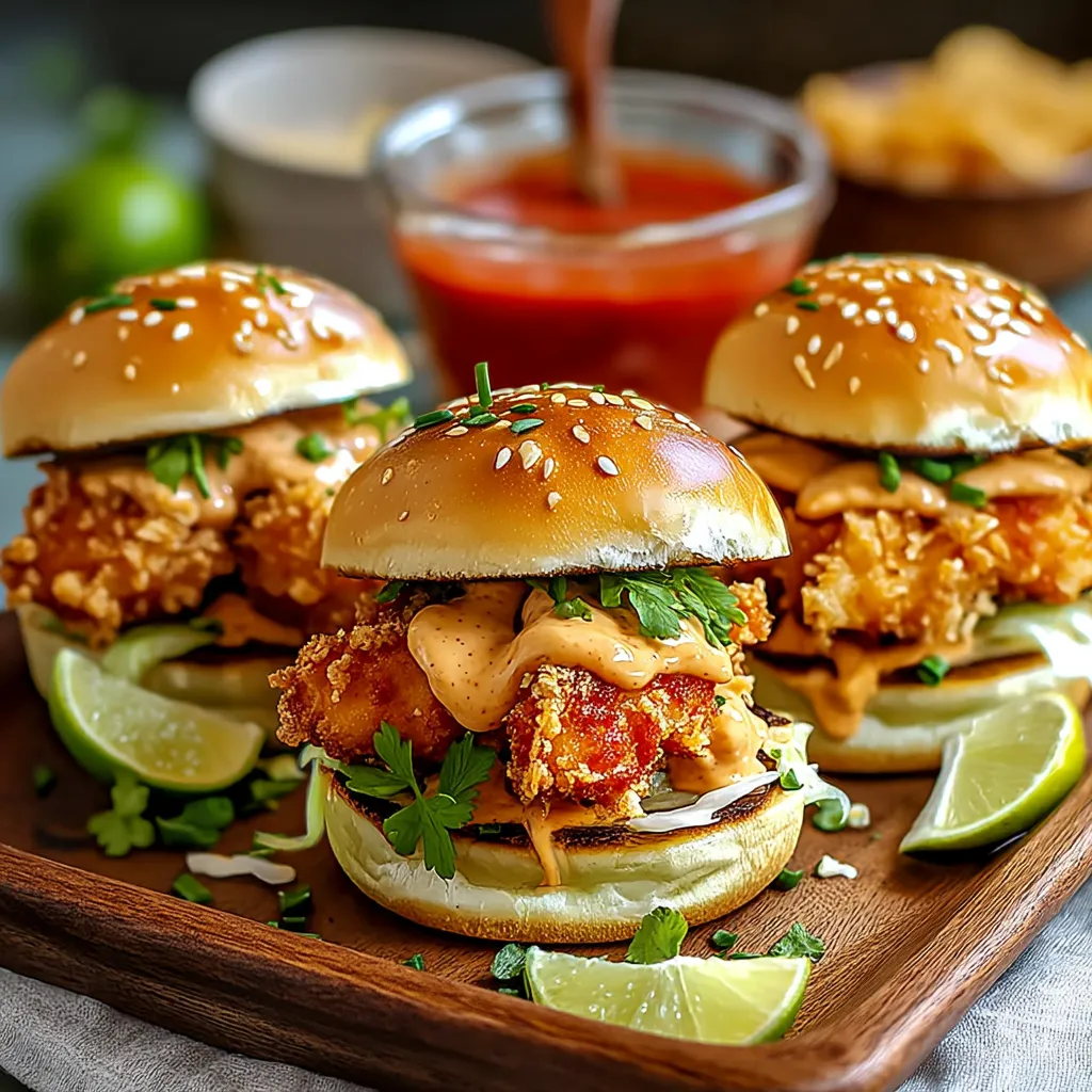 Three bang bang chicken sliders on a wooden tray.