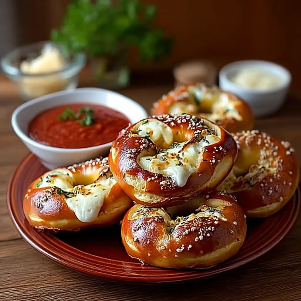A plate of mozzarella stuffed soft pretzels.
