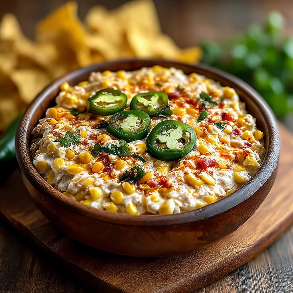 A bowl of crack corn dip with jalapenos on top.