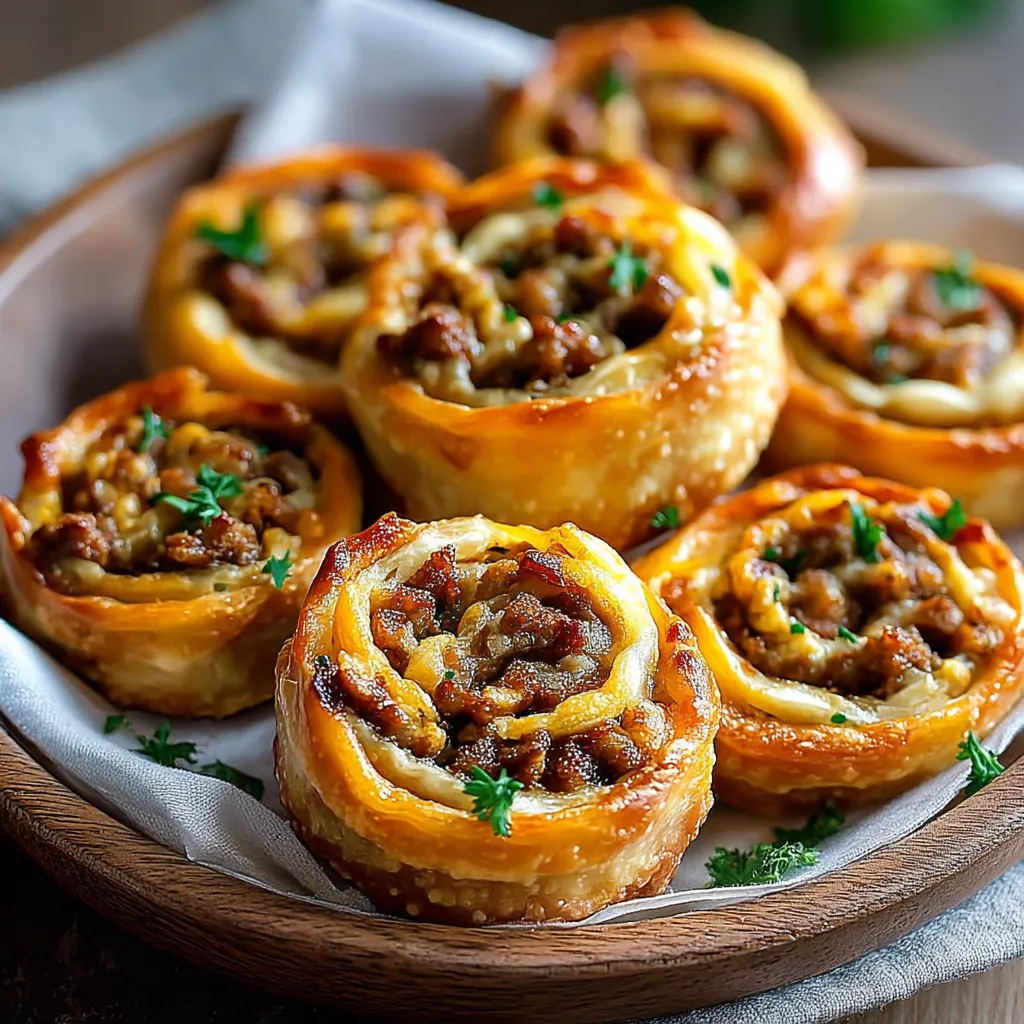 Sausage pinwheels on a wooden tray.