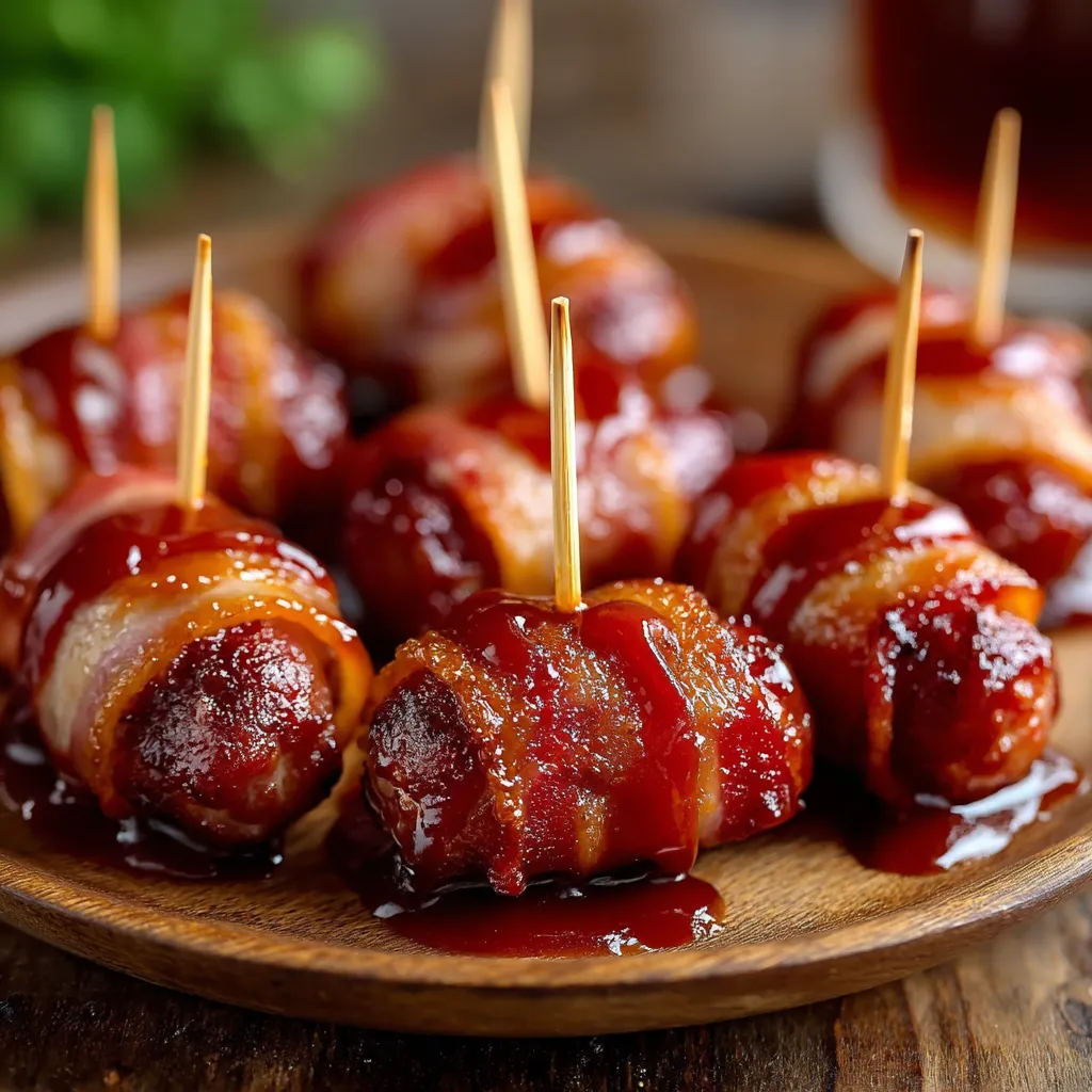 Bacon wrapped smokies on a wooden platter.