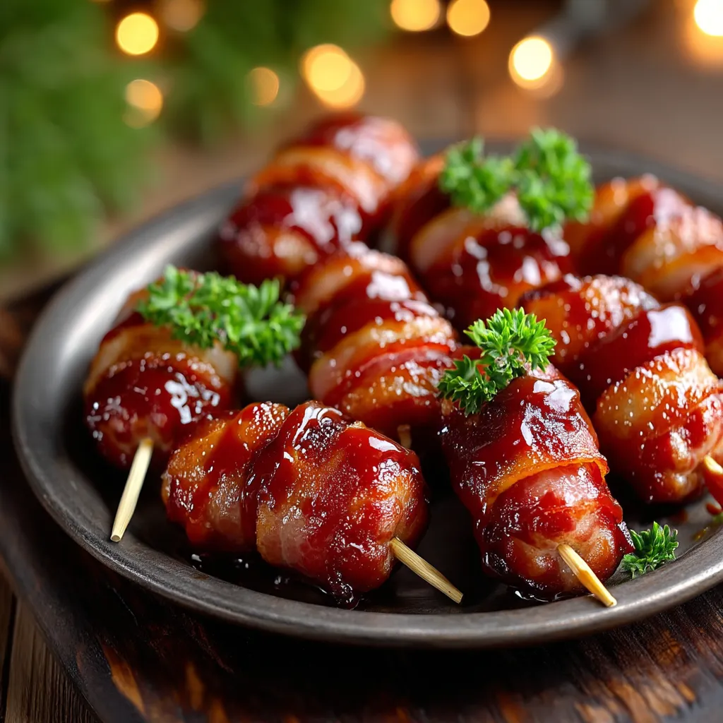 Bacon wrapped smokies on a plate.