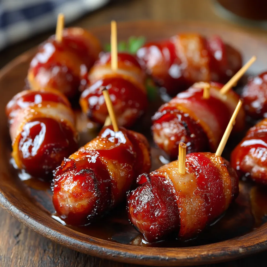 Bacon wrapped smokies on a wooden platter.