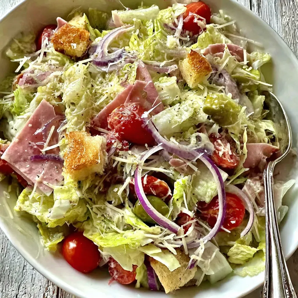 A salad with lettuce, tomatoes, and ham.