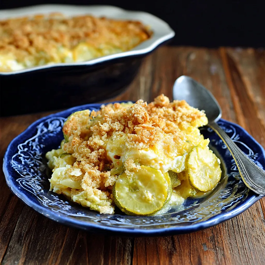 A blue plate with a casserole dish on it.