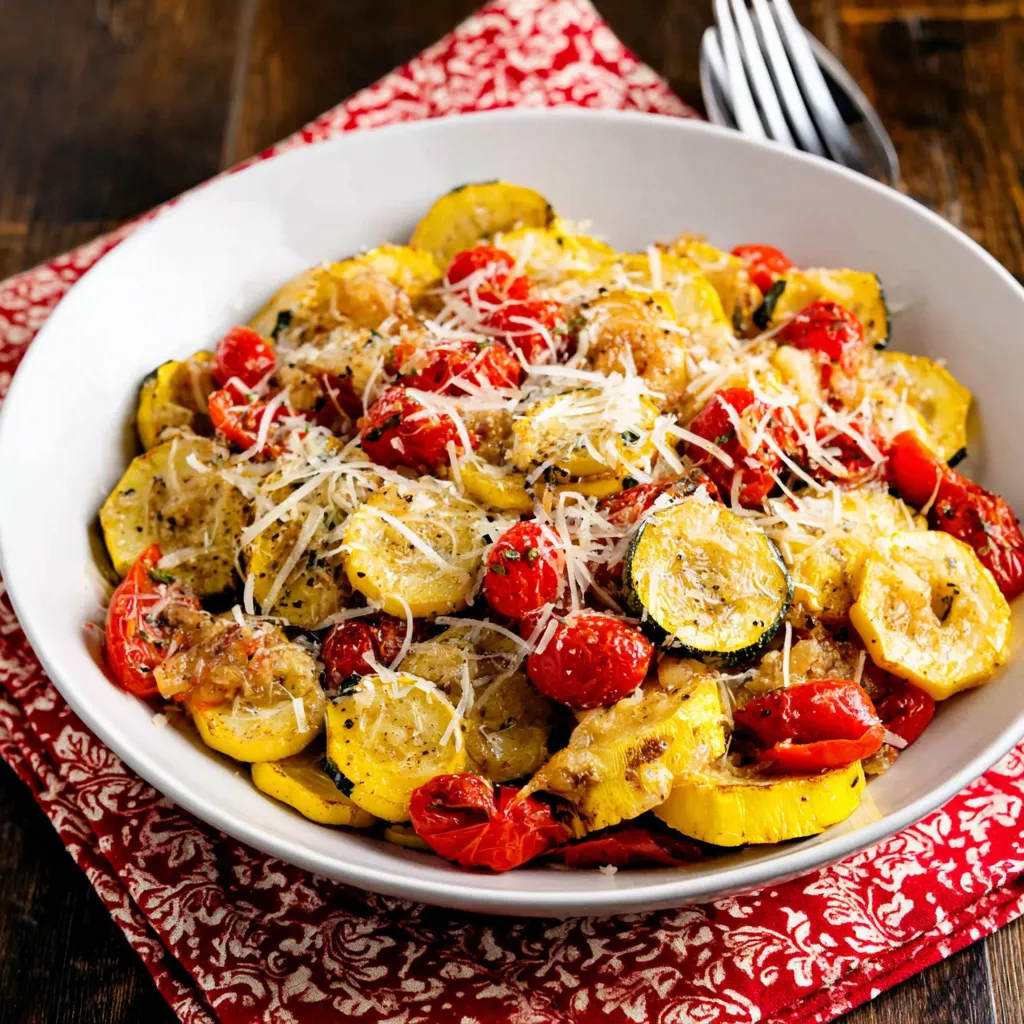 A white bowl filled with yellow squash, tomatoes, and Parmesan cheese.