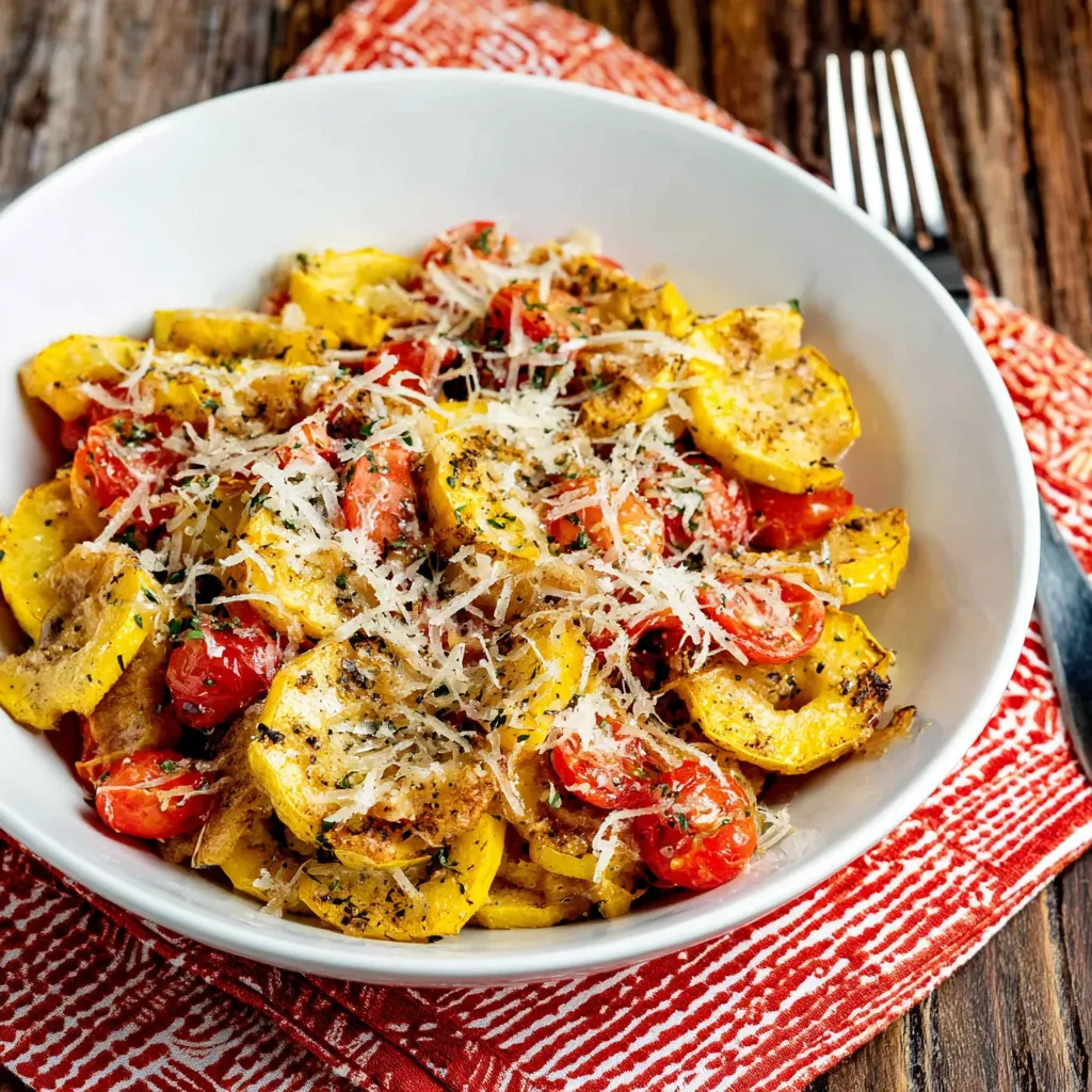 A bowl of food with yellow squash, tomatoes, and Parmesan cheese.