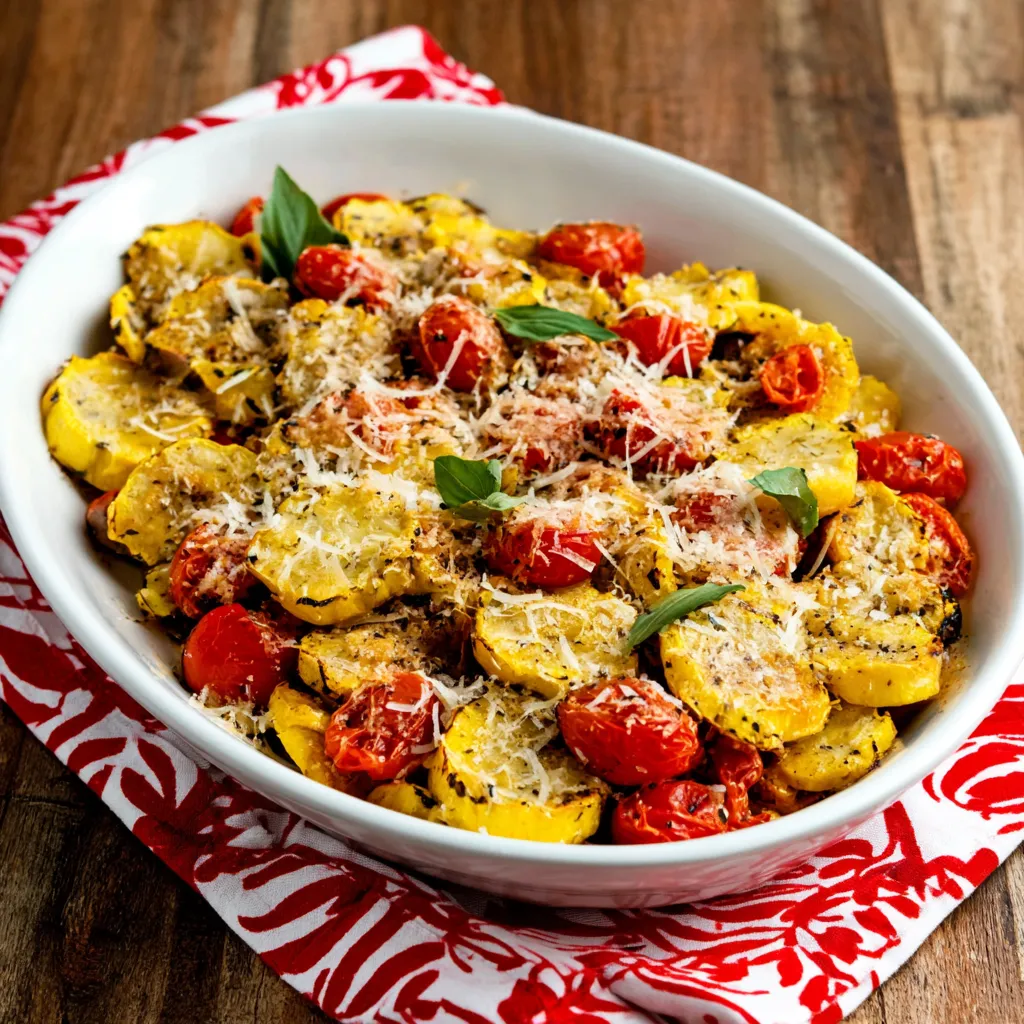 A bowl of yellow squash with tomatoes and parmesan cheese.