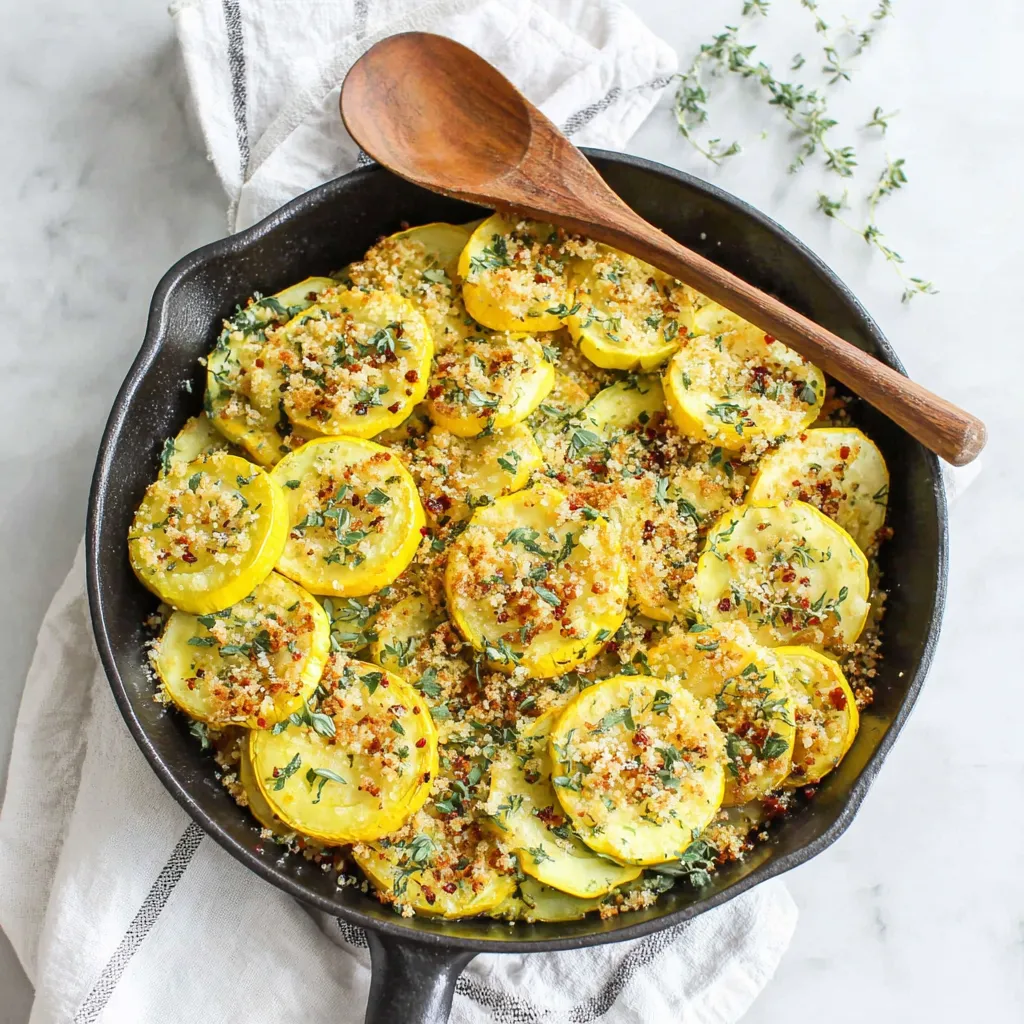 A pan of sautéed yellow squash with garlic butter.