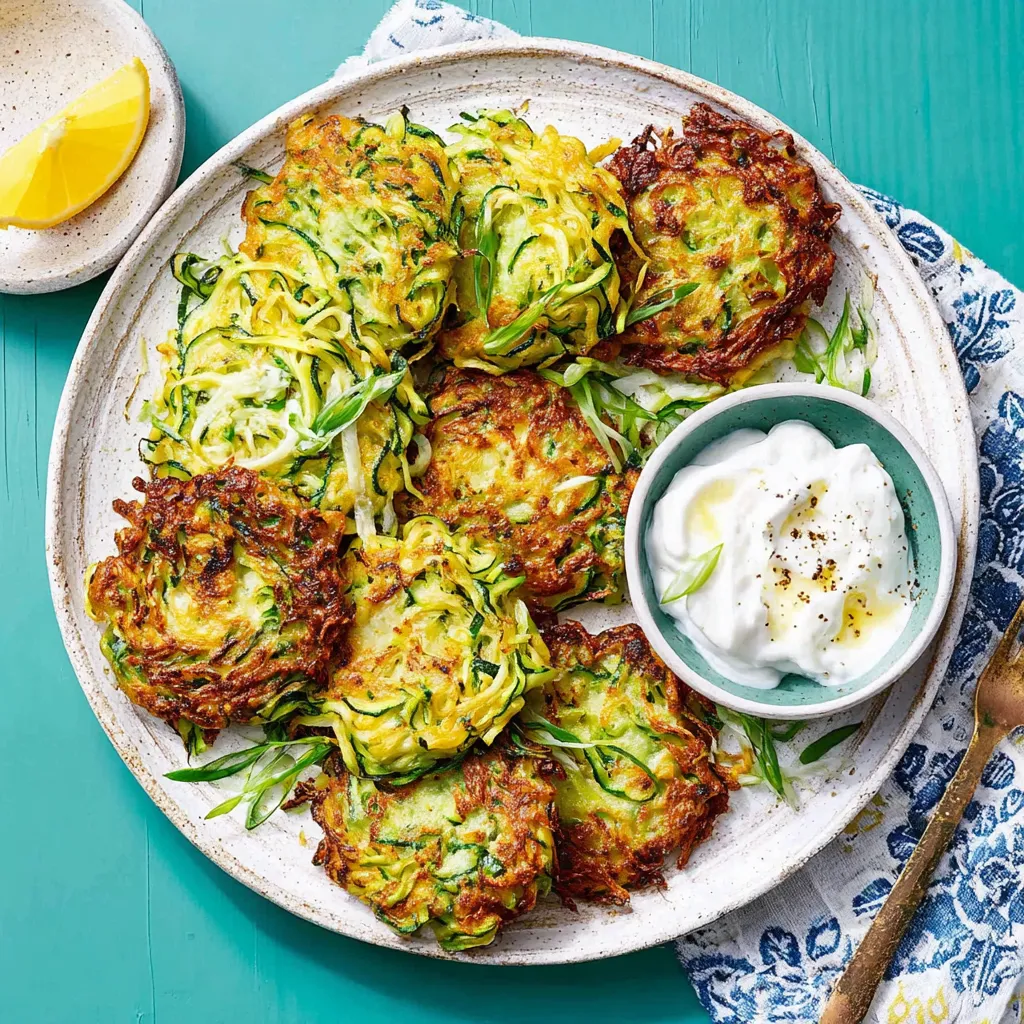 A plate of zucchini fritters with lemon sour cream.