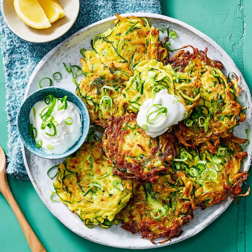 A plate of zucchini fritters with a bowl of sour cream.