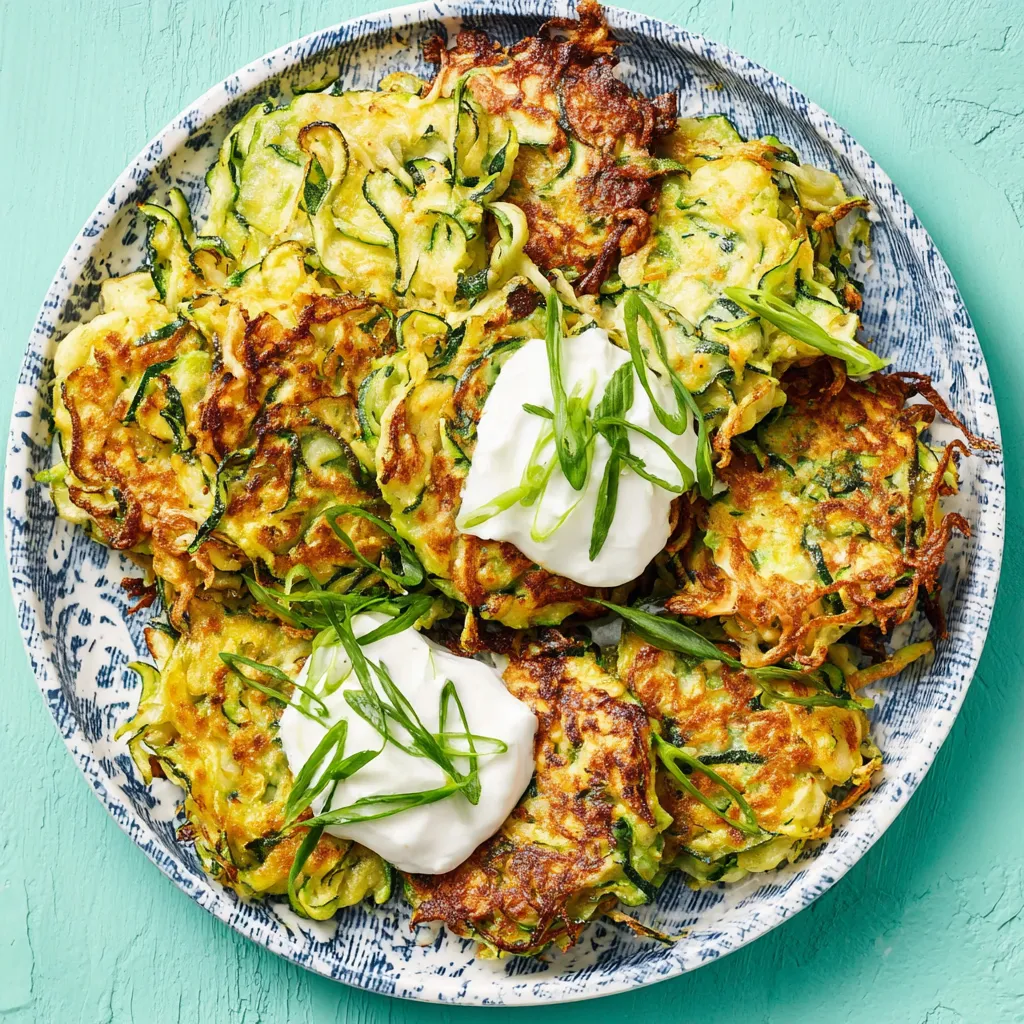 A plate of zucchini fritters with lemon sour cream.
