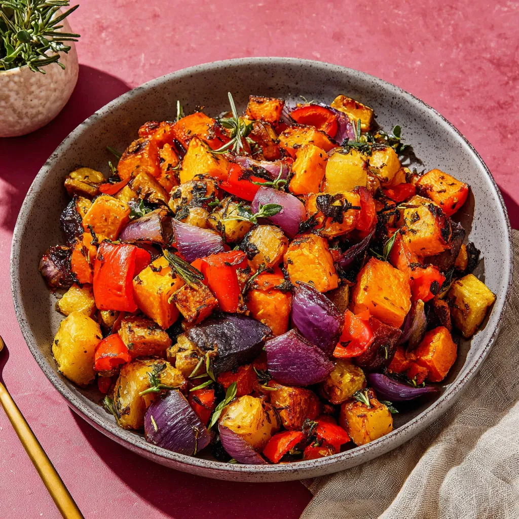 A bowl of roasted vegetables with a spoon in it.