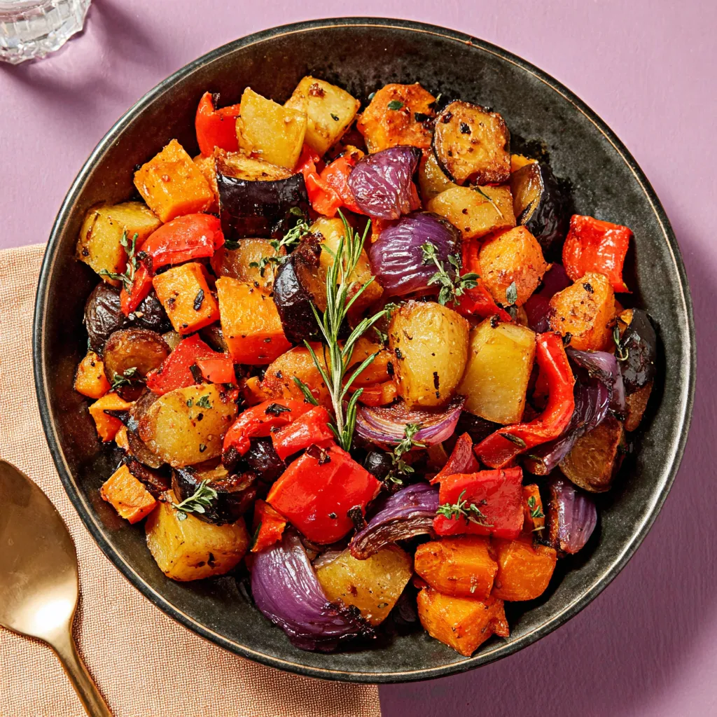 A bowl of roasted vegetables.