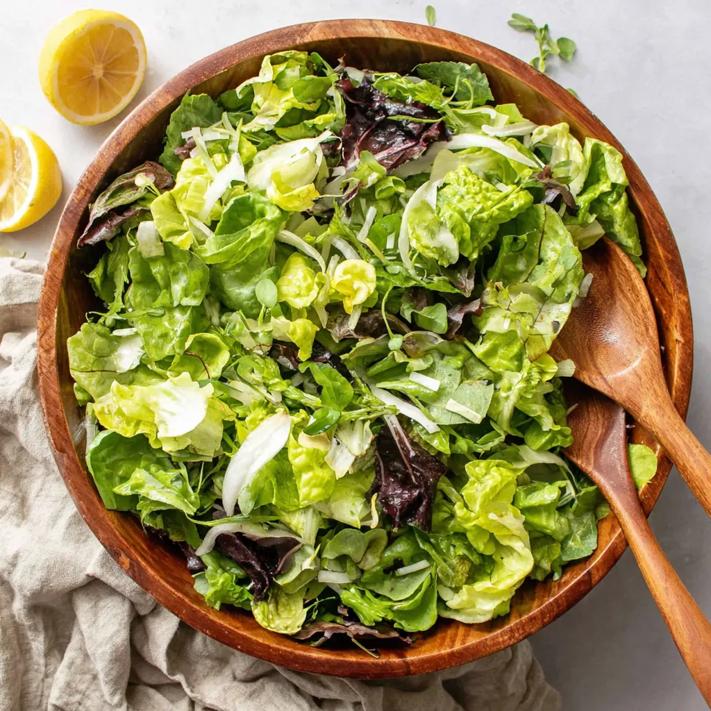 A bowl of green salad with lemon wedges on the side.