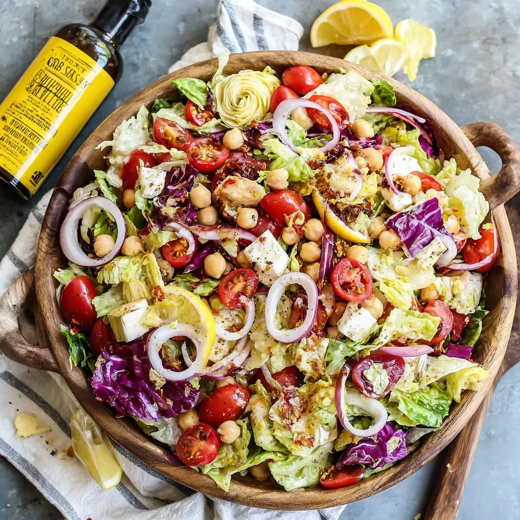 A salad with tomatoes, lettuce, and chickpeas.