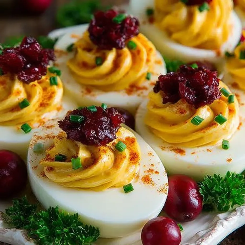 A plate of deviled eggs with cranberry twist.