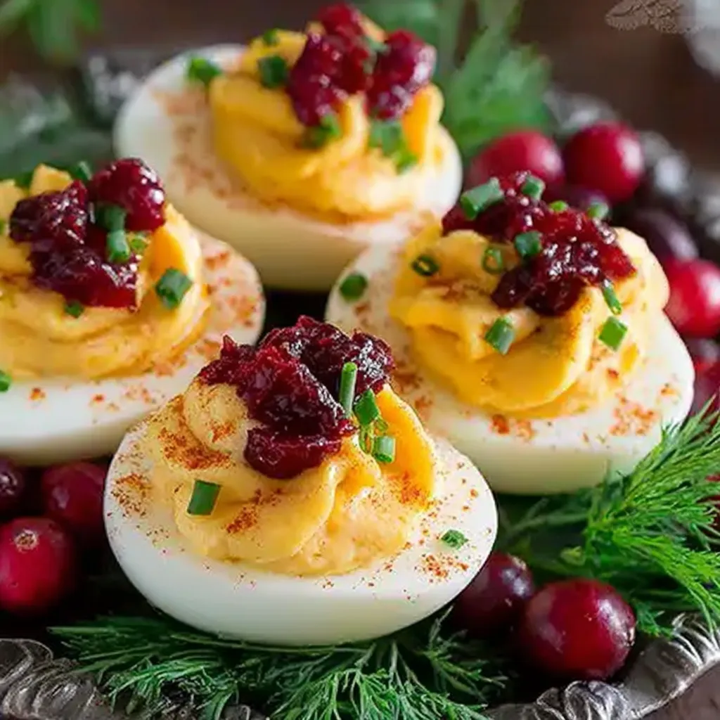 Festive Deviled Eggs with Cranberry Twist.