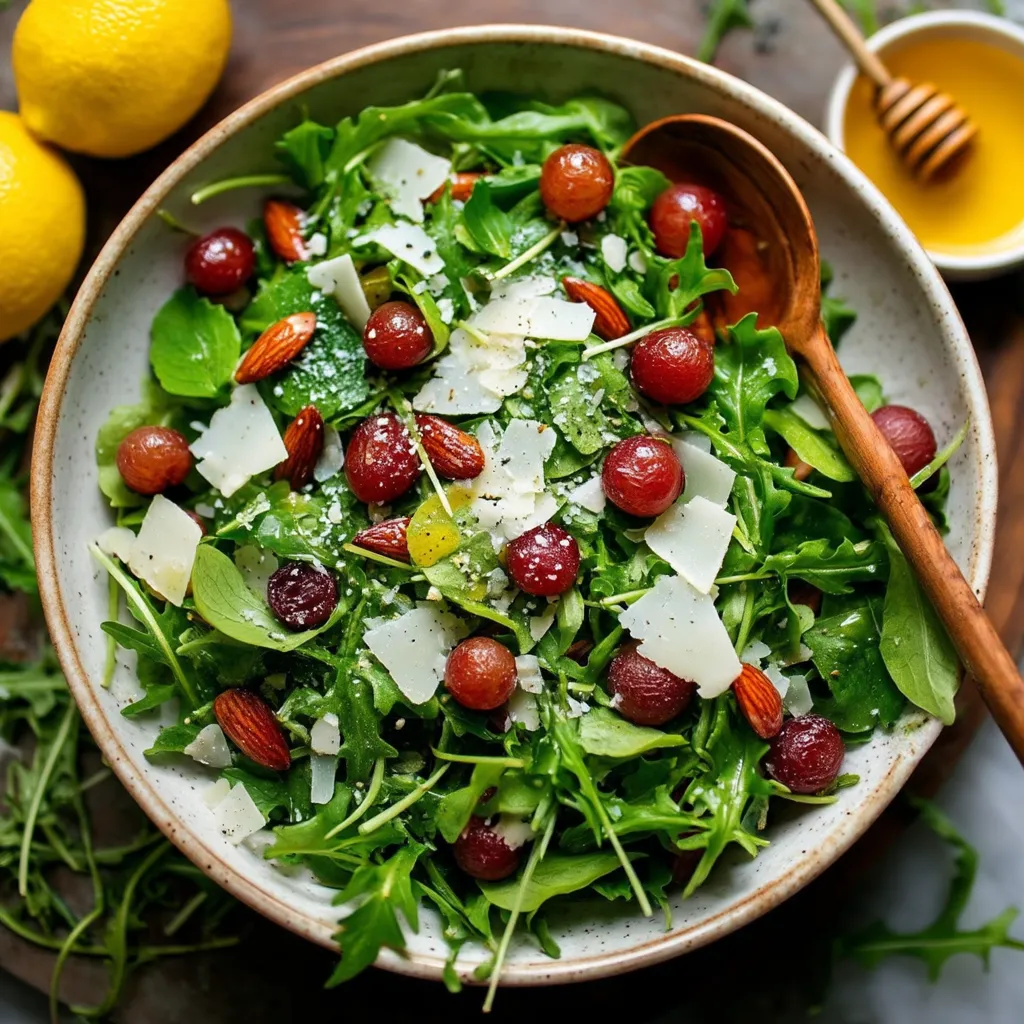 A bowl of salad with arugula, cherry tomatoes, and cheese.