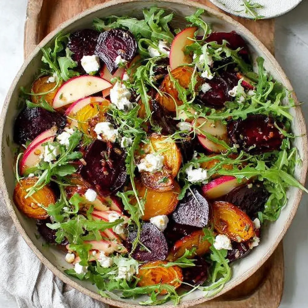 A bowl of beet salad with greens and cheese.