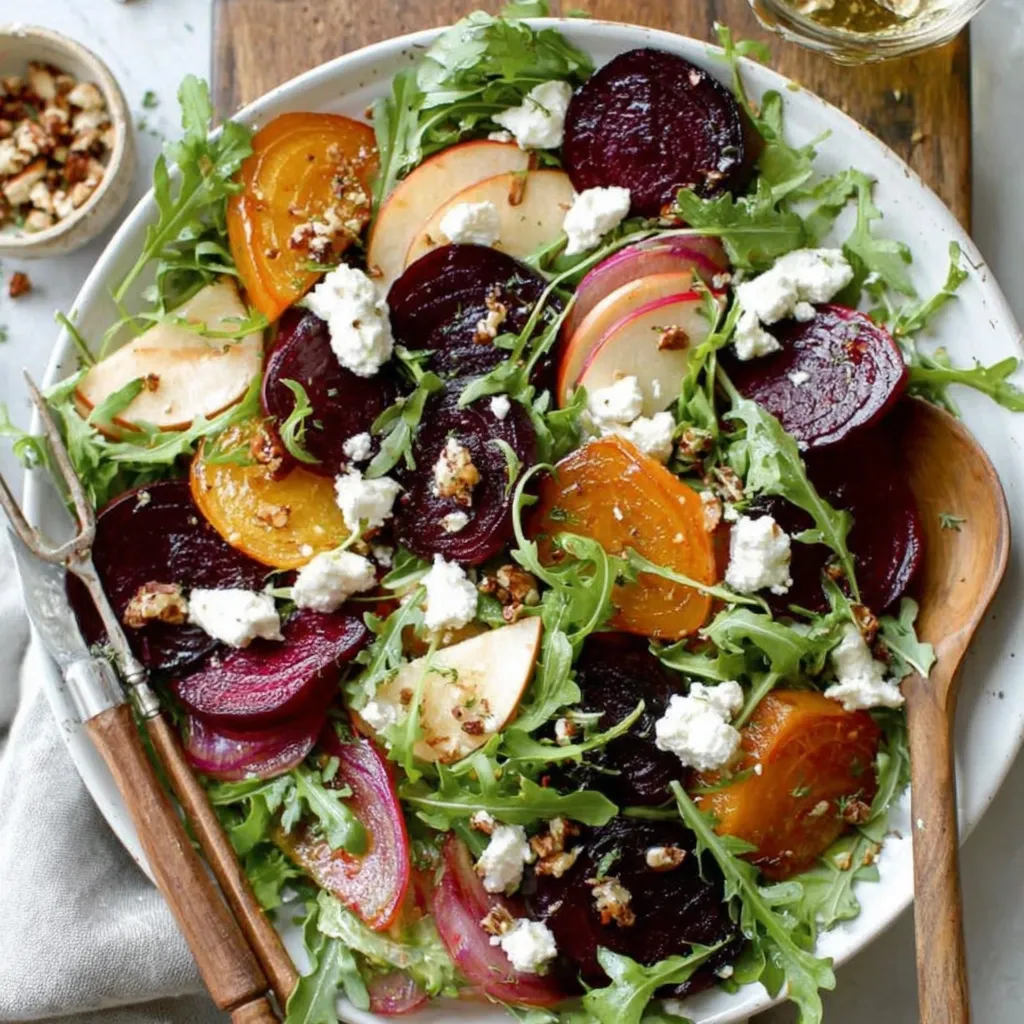A plate of beet salad with feta cheese and walnuts.