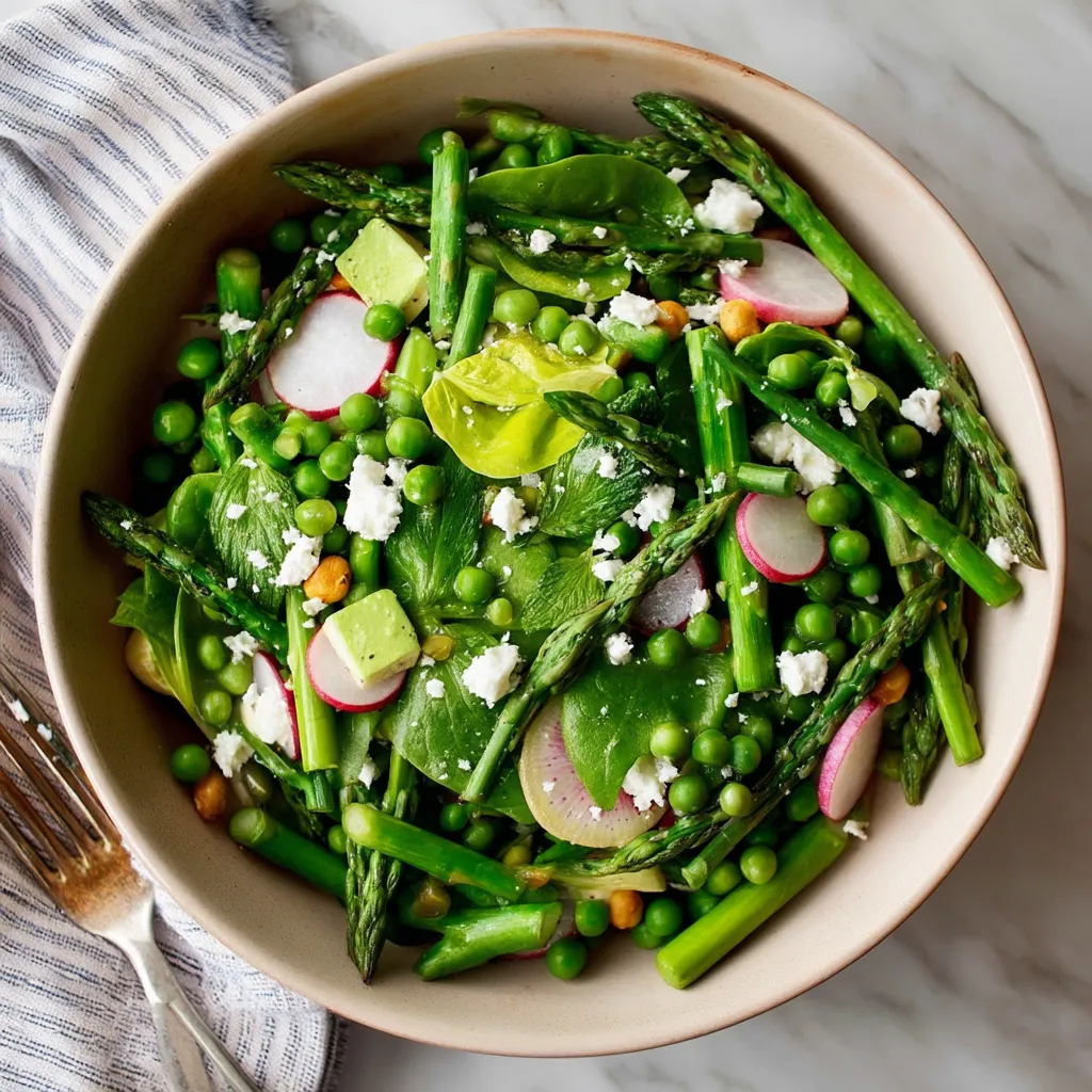 A bowl of fresh vegetables, including asparagus, peas, and radishes, is served on a table.