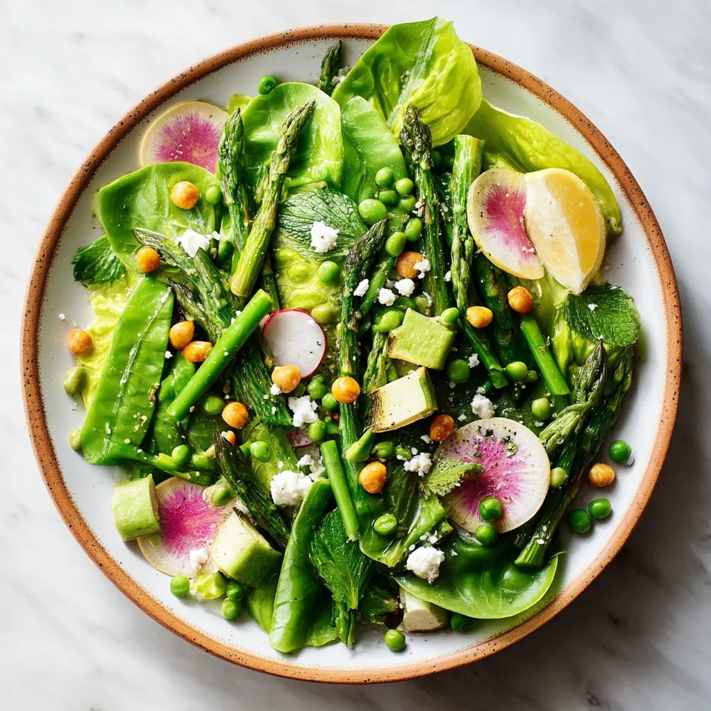 A plate of fresh vegetables including asparagus, peas, and radishes.