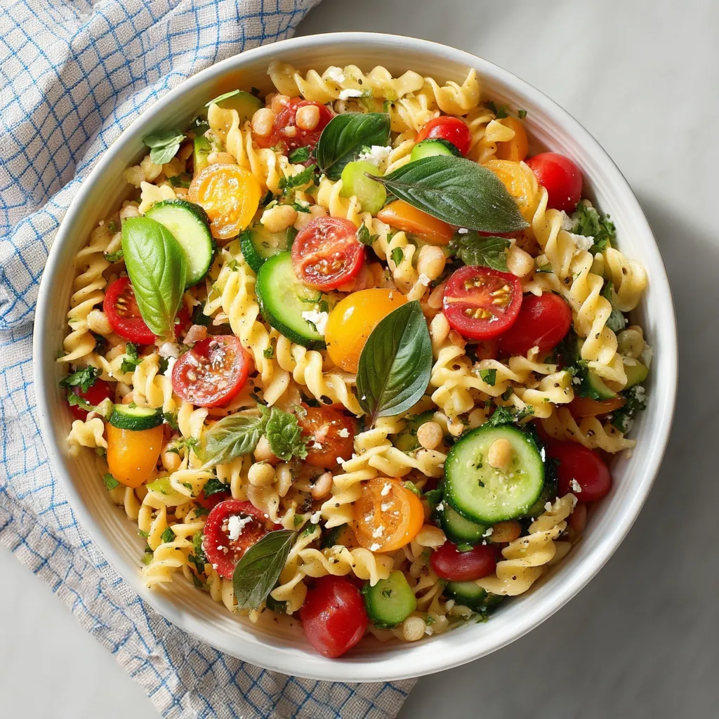 A bowl of pasta salad with tomatoes, cucumbers, and basil.