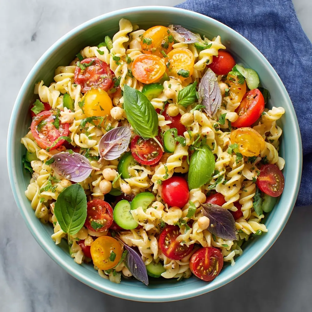 A bowl of pasta salad with tomatoes, cucumbers, and basil.