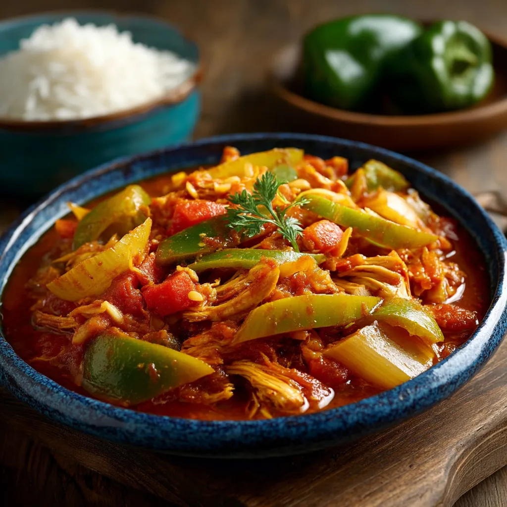 A bowl of food with a green pepper and a spoon.