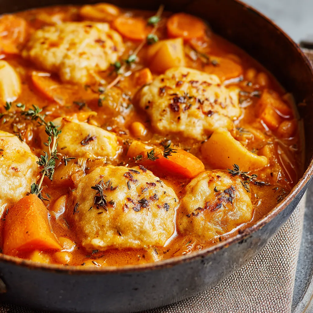 A pot of food with a cheesy dumpling on top.