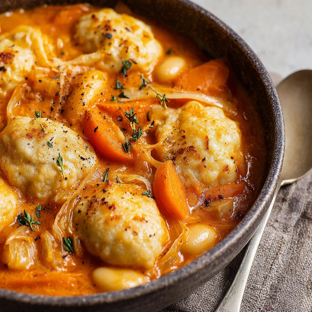 A bowl of stew with dumplings and carrots.