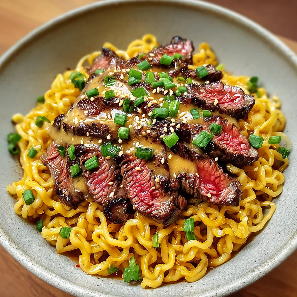 A bowl of noodles with steak and green onions.