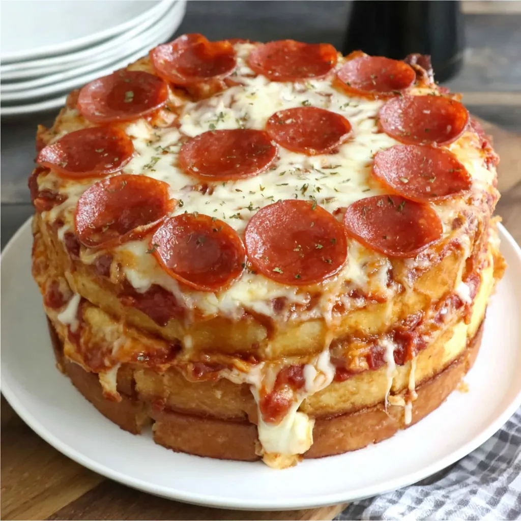 A pizza cake with pepperoni toppings.