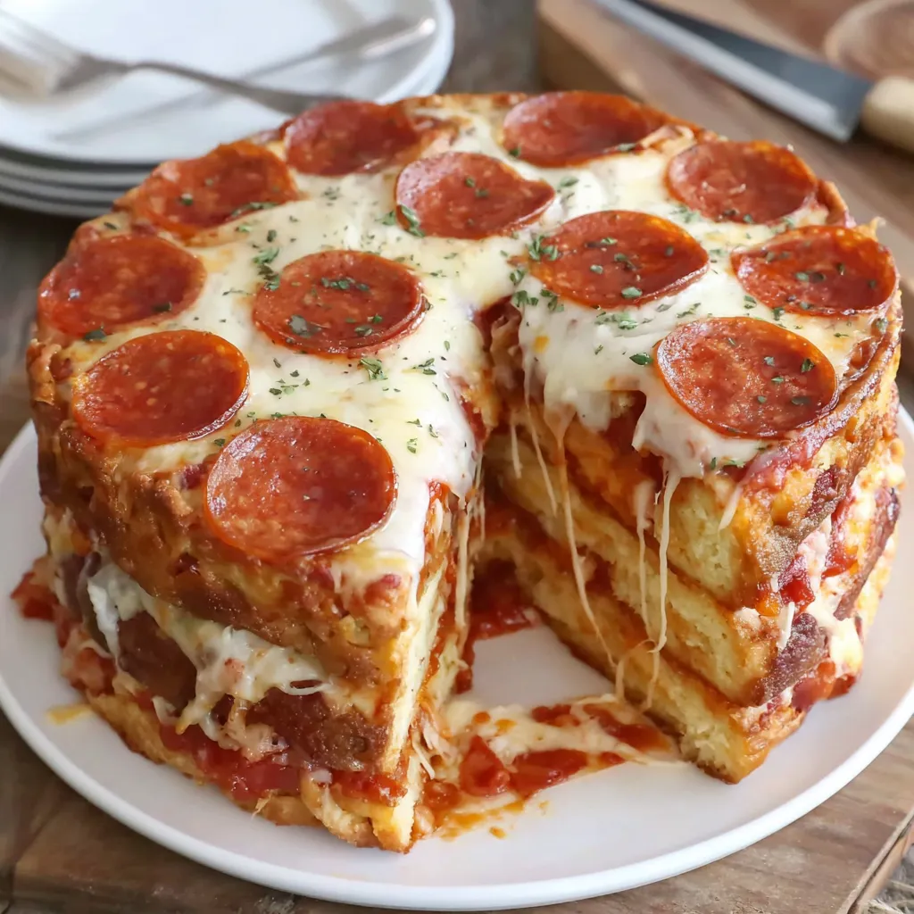A slice of pizza cake on a plate.