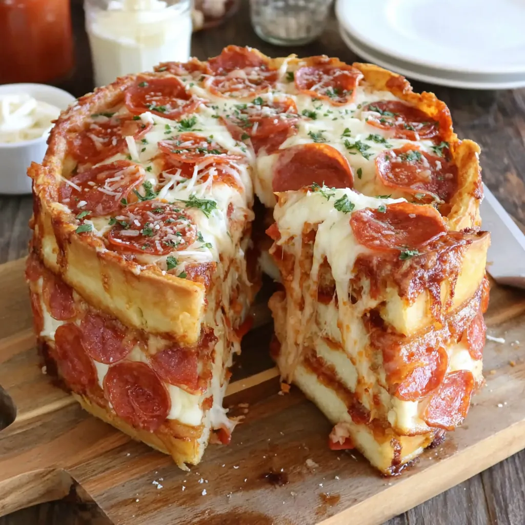 A pizza cake with pepperoni and cheese.