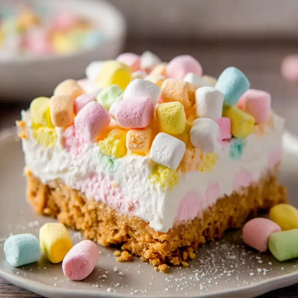 A slice of cake with marshmallows on top.