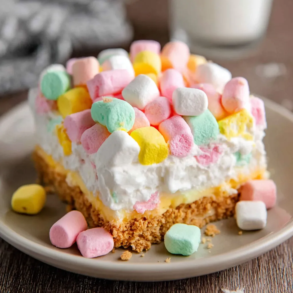 A slice of no-bake marshmallow cake.