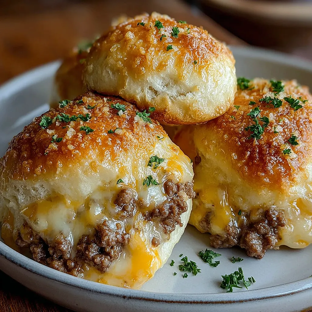 Three garlic Parmesan cheeseburger bombs on a plate.