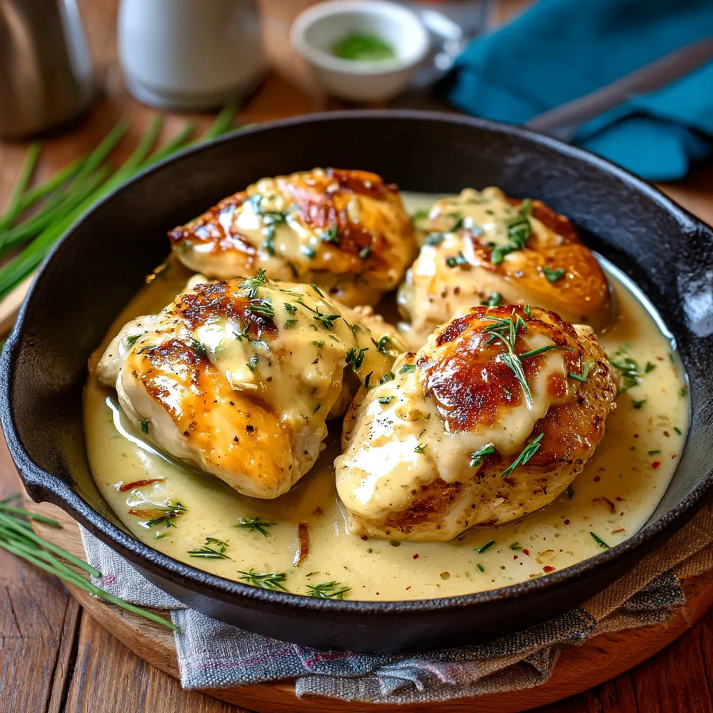 A pan of chicken with sauce and herbs.