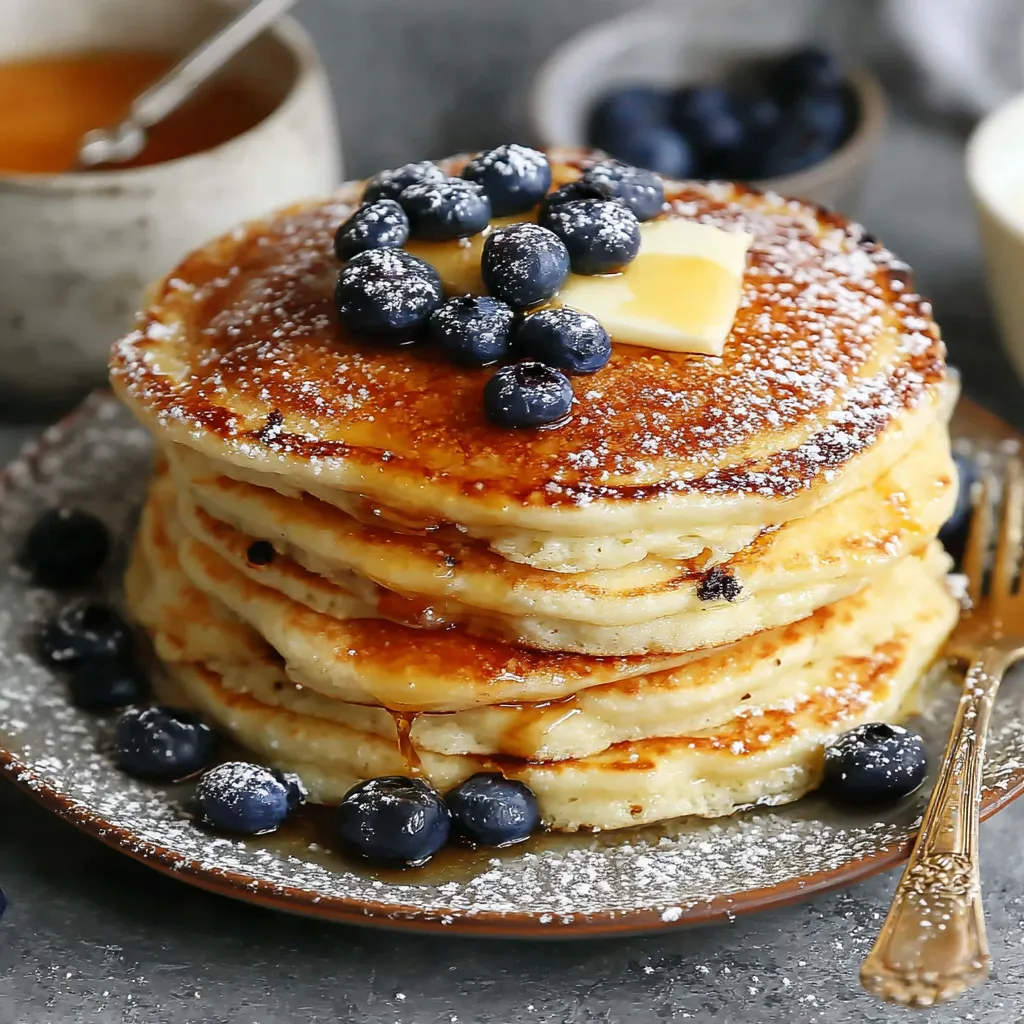 A stack of pancakes with blueberries on top.