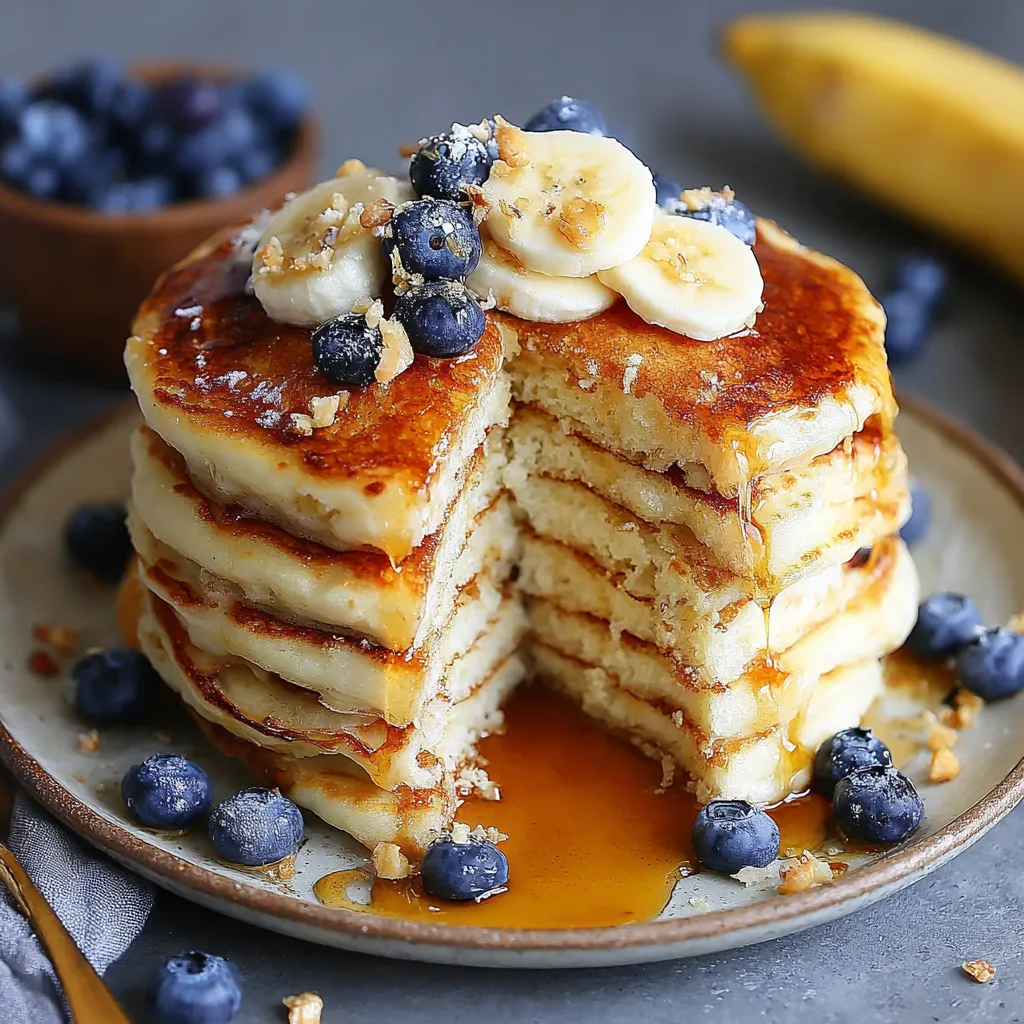 A stack of hotcakes with bananas and blueberries on top.