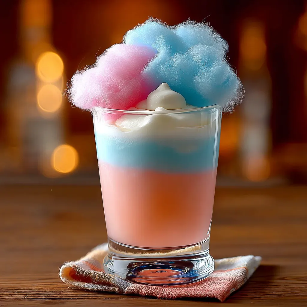 A glass of cotton candy with pink and blue swirls.