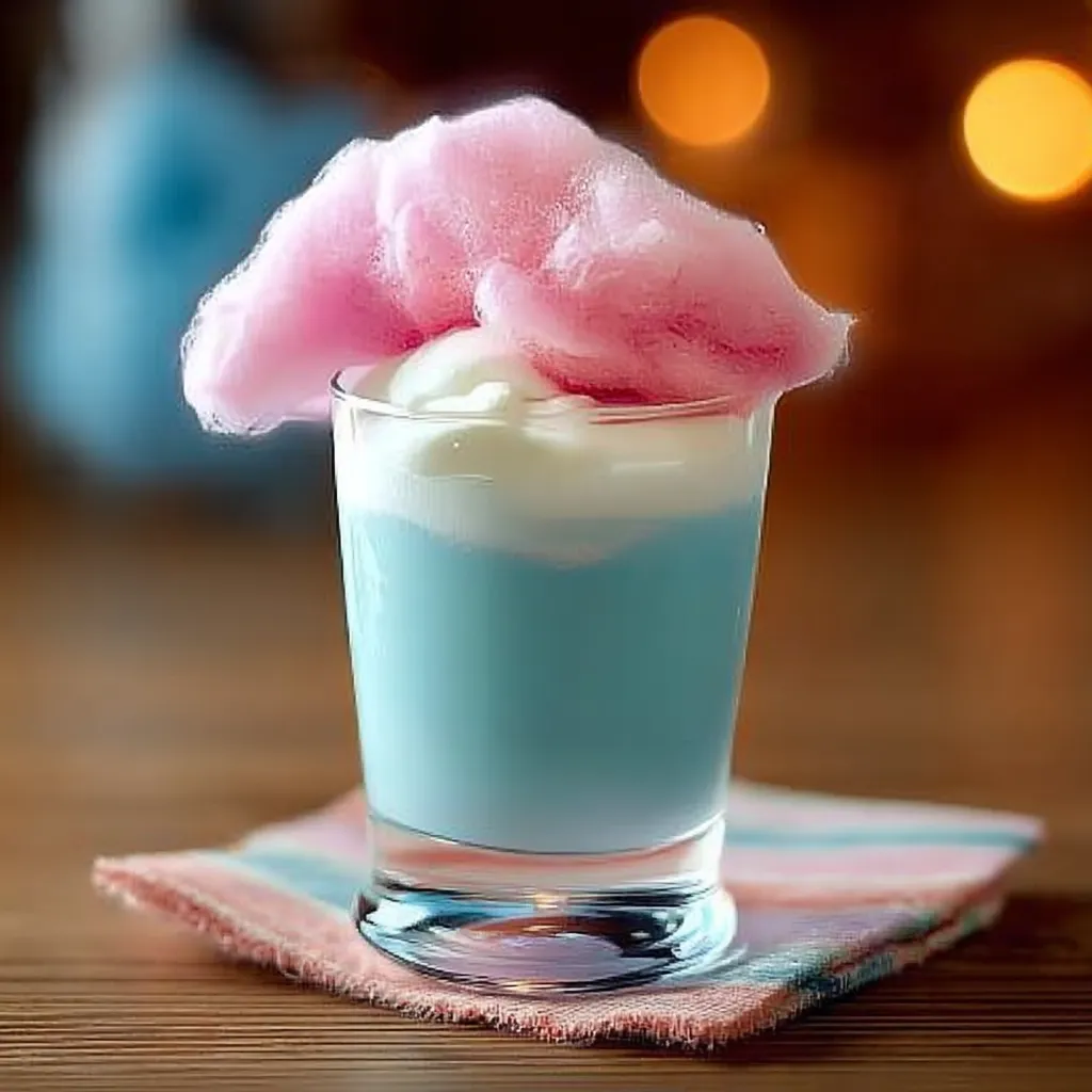 A glass of cotton candy with a pink and blue swirl.