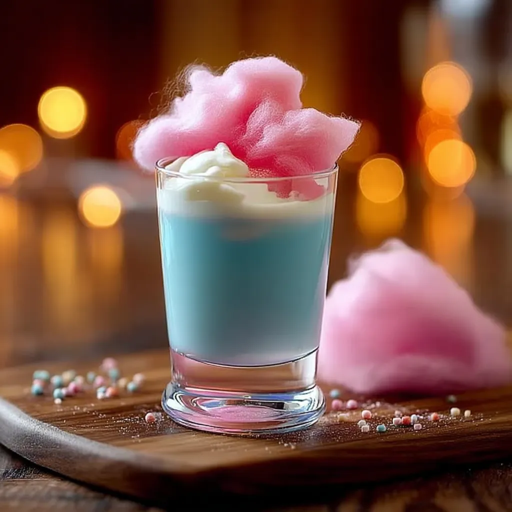 A glass of cotton candy with pink and blue colors.