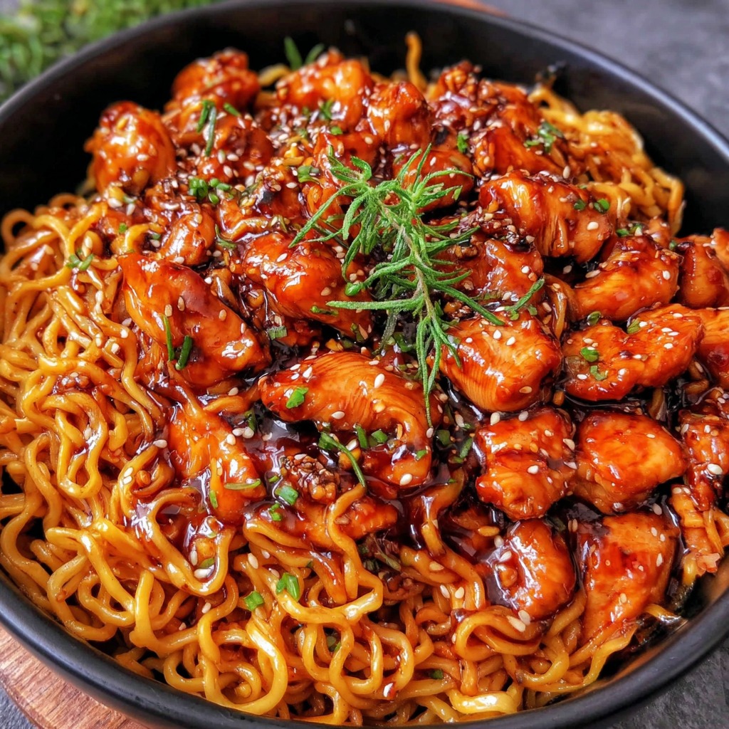 A bowl of noodles with chicken and garlic sauce.